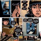 Ein Comic mit einer Frau im Zug, die ein Tagebuch liest und Kopfhörer trägt. Eine Stadtlandschaft mit Zügen ist zu sehen.