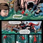 Illustration mit Comic-Stil. Menschen schwimmen in rauer See, ein Mann mit Taucherbrille, ein anderes Gesicht schreit "AAAAAAH!".