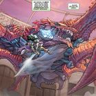 Comic-Illustration: Eine Kriegerin mit Schwert kämpft gegen ein großes, drachenartiges Monster in einer Arena.
