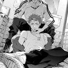 Text: "act.1". Zwei junge Männer in Freizeitkleidung, einer sitzt lässig auf dem Boden. Manga-Stil.