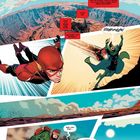 Comic-Illustration: Ein roter Blitz rennt durch eine Canyon-Landschaft. Personen fliegen und kämpfen, Dialoge sind eingeblendet.