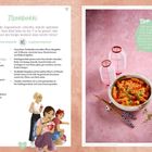 „Tteokbokki“, Rezept mit Zutaten und Zubereitung, Tipp für Schärfegrad. Links Kinderillustration, rechts fertiges Gericht.