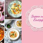 „Suppen und Eintöpfe“ in pinker Schrift auf einem rosa Hintergrund mit Spitzenmuster, daneben verschiedene Suppen.