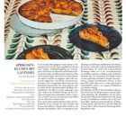 Aprikosenkuchen mit Lavendel, Zutatenliste für eine Tarte. Ein angeschnittener Kuchen und ein Kalender für September unten.