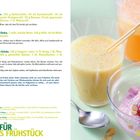 Rezepte: ACE-Booster, Birne-Kefir-Shake, Soja-Beeren-Schale. Text: "IDEEN FÜR DAS FRÜHSTÜCK". Drei Getränke und eine Beeren-Schale.
