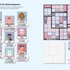 "14. Die Geburtstagsparty. Als ob ein Mord nicht schon erschreckend genug wäre – es ist auch noch ein Clown am Tatort?" 

Links neun Personenbeschreibungen, rechts ein Raumplan.