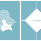 Links eine Karte von Bayern mit Bezirken. Rechts eine stilisierte Darstellung mit "Oberbayern" im Zentrum.