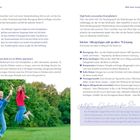 Seite 34: "Acht Gefäßerkrankungen," Hinweise auf Kompressionsstrümpfe. Seite 35: "Müde Venen: Krampfadern," Alltagstipps. Unten: Zwei lachende Frauen springen freudig im Freien.