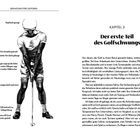 Links: Illustration eines Golfspielers, Details zur Haltung. Rechts: Text über Golfschwung, Kapitel 3 beginnt.