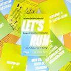 "LET'S RUN" - 60 Karten zur Laufroutine. Enthält Übungen, Motivation, Trainingstipps. Mit 10-Wochen-Plan. Umgeben von bunten Karten.