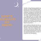 Titel: SANFTE BEWEGUNG AM ABEND. Text beschreibt entspannende Abendaktivitäten. Links lila Hintergrund, Mond und Sterne.
