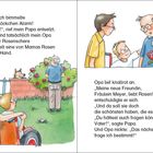 Text: "Plötzlich bimmelte das Glöckchen Alarm! 'Vater!', rief mein Papa entsetzt." Illustration: Opa mit Rosenschere.