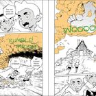 Text: "Das war näher als gedacht!", "Ein Erdbeben!", "Wir müssen Mama warnen!", "RUMBLE! DODOM!", "WOOOO!" Zwei Kinder laufen vor einem großen, orangenen Rauch in Richtung eines Hauses.