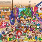 Eine bunte Kindergartenszene mit Kindern beim Spielen und Basteln, ein Schild mit "LESEECKE", fröhliche, lebhafte Atmosphäre.