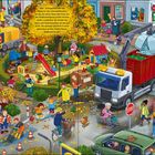 Text: "Klirr - Scheppernd fällt das Altglas ins Sammelfahrzeug..."

Illustration: Lebhafte Straßenszene im Herbst mit vielen Menschen, Tieren und Fahrzeugen in Bewegung.