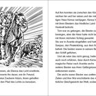 Links: "bekommen, als Elenna das Licht erwähnte. Es erinnerte ihn daran, wie ihr Freund, der weise Zauberer Aduro, ihnen geholfen hatte, den Pfad des Lichts zu benutzen." Rechts: "Auf ihm konnten sie zwischen den Königreichen hin und her reisen und der mächtigen Hexe Kensa nachjagen. Kensa hatte mit ihren Biestern das friedliche Land Henkral bedroht. 

Tom war es gelungen, die Biester zu besiegen, aber die Hexe hatte nicht lange mit ihrem nächsten Schlag gewartet. Sie war in Avantia eingefallen und hatte Sanpao, den Piratenkönig, aus dem Kerker befreit. Die beiden waren in seinem fliegenden Schiff geflohen. 

Und als wäre das nicht genug, hatte Tom auch noch erfahren, dass durch Kensas magische Reise nach Avantia sechs weitere Biester aus ihren Gefängnissen entkommen waren. 

Die sechs waren Biester aus uralten Zeiten und ihre Wut erschütterte das natürliche Gleichgewicht der Welt, sodass" 

Schwarz-weiß Illustration: Zwei Personen auf einem galoppierenden Pferd, gefolgt von einem Wildschwein.