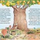 Ein Baum mit Orangen. Ein Erdmännchen und ein Rind versuchen, die Früchte zu erreichen. Text beschreibt ihre Mühen.