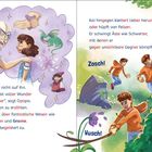 „Ach, hör nicht auf ihn. Die Welt ist voller Wunder“. Illustration: Ein Mädchen hört einem älteren Mann zu. Fantasiewesen und ein Junge klettert auf Bäume.