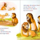„Ein König muss brüllen“, sagt die Mutter. Löwen lachen über Lino, der König werden soll. Illustratorische Darstellung.