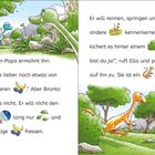Links: "Auch sein Papa ermahnt ihn... langweilige fressen." Rechts: "Er will rennen... Sie ist ein." Illustration von Dinosauriern.