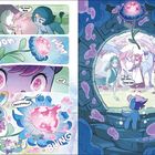 "Die Kismut Blume", "Unico?", "Es ist Zeit, Unico. Komm heim." Eine bunte Illustration mit fantastischen Figuren.