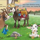 Zu blau, zu rau und zu kariert. Wenn kleine Böckchen bockig werden. Eine Ziege hält Kleidung, eine andere schaut traurig.