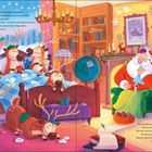 Links: "Wer soll jetzt die Geschenke verteilen?" Rechts: Weihnachtsmann sitzt traurig in einem gemütlichen Raum neben Rentieren.