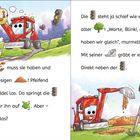 Texte: "Viele muss sie haben und einen riesigen! Pfeifend rollt Buddel los. Da springt die gleich für ihn auf. Aber – was ist das? Die steht ja schief wie ein alter! „Warte, Blinki, das haben wir gleich“, murmelt Buddel. Mit seiner gräbt er ein. Direkt neben der."
Illustration: Lächelnder, roter Bagger neben schiefer Ampel.