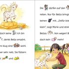 „Ich bin doch keine Maus! Ich bin ein Pony!“, denkt Bella empört. Illustration: Ein Pony auf Heuballen, Kinder im Stall.