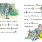Texte: "Auch der lange Leopold schwingt...", "Er schultert seine...", "Im vierten...". Illustration: Ritter mit Rüstungen und Waffen.