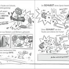 Eine Illustration zeigt Felsi Taube, der mit seinem Tarnball kämpft. Eine zornige Ente schubst Vögel weg und nimmt Futter.