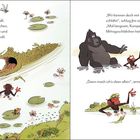 Ein Krokodil, ein Gorilla und ein Affe unterhalten sich an einem Teich mit Krokodilkindern, Seerosen und Pflanzen.