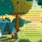 Text: Zelt im Obstgarten, Apfelbäume, Sonne. Illustration: Zwei Kinder zelten, Fledermäuse, Bäume, Abendstimmung.