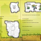 Doppelseitige gelbe Illustration mit Fragen und Platzhaltern; links und rechts pixelige Figuren aus einem Videospiel, oben Monster.