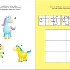 Links: Einhörner mit Zahlen, Aufgabe Süßigkeiten zuzuordnen. Rechts: Zeichenvorlage eines Einhorns zum Nachmalen ins Gitter.