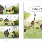 Links: Gorilla und Vögel, Text: „PFFF“, „Das wird dir eine Lehre sein!“, „PUH!“, „Ich hab ja versucht, dich zu warnen!“ Rechts: Giraffe sagt „AUSZEIT!“. Verschiedene Tiere stehen im Kreis.