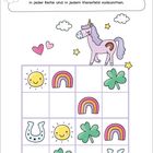 "Löse das Sudoku. Jedes Bild darf nur einmal in jeder Spalte, in jeder Reihe und in jedem Viererfeld vorkommen." Ein Einhorn, Wolken, Herzen und Sterne umgeben ein Sudoku mit Sonnen, Regenbogen, Kleeblättern und Hufeisen.
