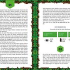 Text in grünen Kästchen: "01", "DU BEOBACHTEST DIE BÖE", "GEH ZU 19.", "DU GEHST ZUR TÜR", "GEH ZU 10.", "02". Text in rechteckigem Format und Pixelstil.