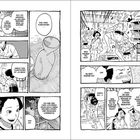 Zwei Seiten einer Manga-Seite. Texte in Sprechblasen zeigen eine lebendige Unterhaltung und Reaktionen.