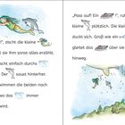 Links: Ein Text über eine kleine Meerjungfrau und einen Delfin. Rechts: Ein Boot, das über sie hinweg gleitet. Illustration von ihnen unter Wasser.