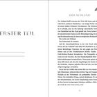 Erster Teil. 1 Der Schlund. Text beschreibt einen Krater in Manhattan, Dunkelheit und Sicherheitsmaßnahmen. Rechte Seite eine Motte.