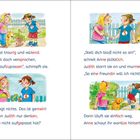 Dialog zwischen Judith und Anne in großer Schrift. Judith ist wütend, Anne schreit. Illustrationen der beiden Mädchen mit Hund im Garten.