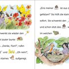 Text mit Illustrationen von Blumen, Insekten, einem Zauberstab, Vögeln und einer kleinen Fee in einem Baum.