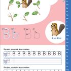 Text: "Verbinde Bilbo Biber mit den Ästen, die er heute annagen möchte." "B wie Biber." Übungsblätter zu Buchstaben "B" und "b". Illustration: Ein Biber mit Ästen.