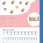 Auf rosa Hintergrund: "Was entdeckst du genau 1-mal...?" mit Tieren. "Übe jetzt, die 1 zu schreiben" mit Zahlen in Kästchen.