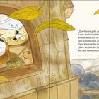 „Der Herbst geht zu Ende“, sagte der kleine Marienkäfer Momo. Zwei Marienkäfer in einem Baumstumpf, Blätter fallen.