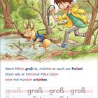 Text: "Wenn Milan groß ist, möchte er zur Polizei. Dann will er Kriminal-Fälle lösen oder mit Hunden arbeiten."  
Illustration: Ein Junge mit Hund im Wald.