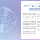 Logo mit Zwillingen auf blauem Hintergrund. Texte: "Die Achse ZWILLING-SCHÜTZE" und "Wir alle erleben diese Spannung". Textdetails folgen.