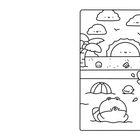 Illustration: Ein Tier rutscht eine Rutsche ins Wasser hinunter, umgeben von Wolken, Vögeln und einem lächelnden Sonnenuntergang.