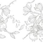 Zwei Figuren mit Zipfelmützen auf Ast, eine bläst Flöte, die andere sammelt Blütenblätter. Umgeben von großen Blüten.